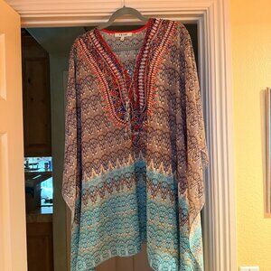 Colorful, beaded tunic blouse from Frime, 100% polyester, tie front, size: L/XL